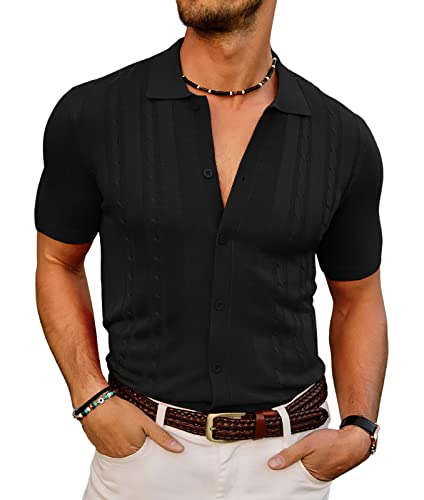 Mens Polo Shirts Vintage Striped Button Down Knitted Golf Shirts