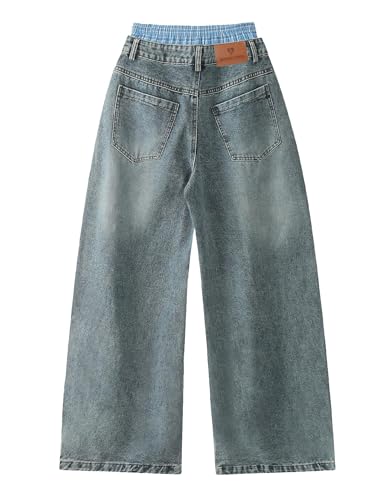 Double Waist Loose Sagging Jeans Baggy Denim Pants High Waist Stretchy Straight Wide Leg Jeans