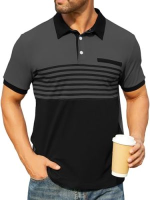 Men's Striped Polo Shirt Short Sleeve Casual Color Block Graphic Tee Collared Golf Shirts for Men
