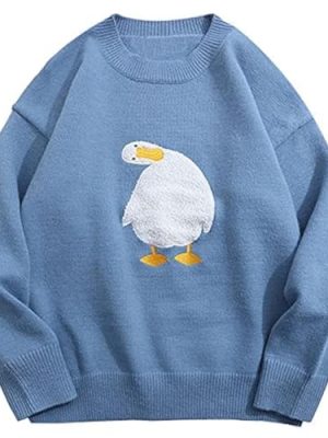 Oversized Sweaters for Women Trendy Unisex Duck Graphic Knit Fall Sweater Streetwear Couple Crewneck Pullover