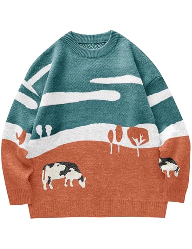 Men's Cow Sweater Harajuku Oversized Sweaters Chunky Casual Knit Pullover Jumper Fall Winter Fashion