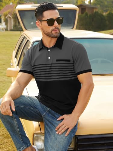 Men's Striped Polo Shirt Short Sleeve Casual Color Block Graphic Tee Collared Golf Shirts for Men