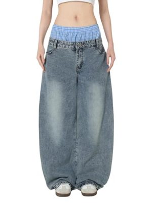 Double Waist Loose Sagging Jeans Baggy Denim Pants High Waist Stretchy Straight Wide Leg Jeans