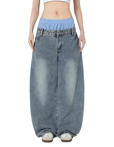 Double Waist Loose Sagging Jeans Baggy Denim Pants High Waist Stretchy Straight Wide Leg Jeans