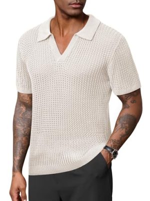 Mens Johnny Collar Polo Shirts Crochet Hollow Out Summer Casual Shirt (S-XXL)