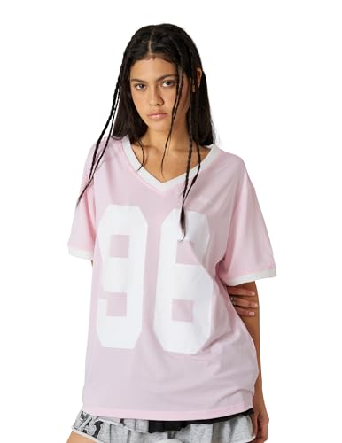 Womens Jersey Tshirts Letter Printed Tees V Neck Mesh Short Sleeve 2025 Y2k Summer Casual Tops Clothes