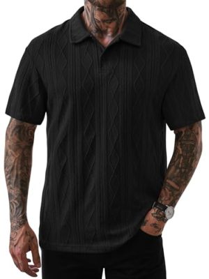 Mens Textured Knit Polo Shirts Loose Fit Stretch Casual Summer Collared Shirt (S-XXL)