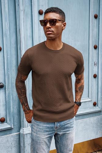 Men's Short Sleeve Knit T-Shirts Casual Crewneck Solid Texture Knit Shirt