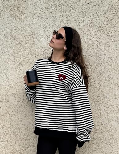 Oversized Sweatshirt for Women Crewneck Striped Sweatshirt Preppy Shirts Y2K Tops