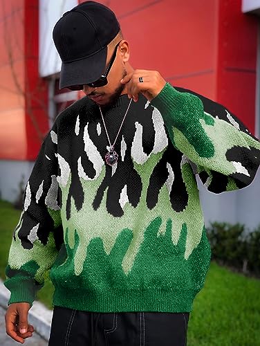 Men's Oversized Sweater Y2K Aesthetic Flame Graphic Crewneck Knit Pullover Unisex Casual Sweaters