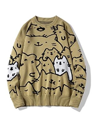 Men's Oversized Cat Sweaters Crewneck Long Sleeve Cotton Cute Pullover Sweaters