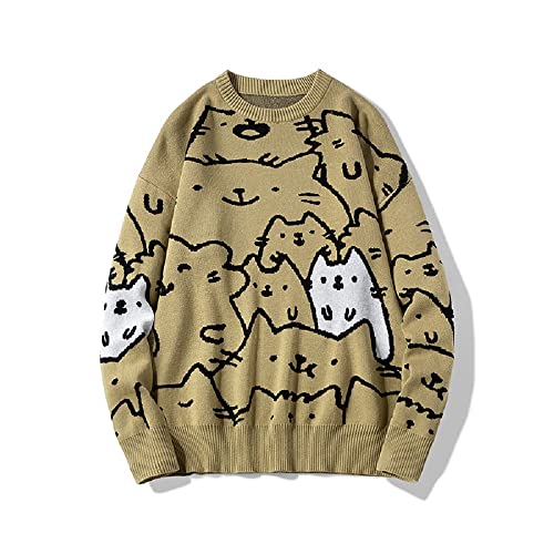 Men's Oversized Cat Sweaters Crewneck Long Sleeve Cotton Cute Pullover Sweaters