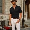 Mens Polo Shirts Vintage Striped Button Down Knitted Golf Shirts