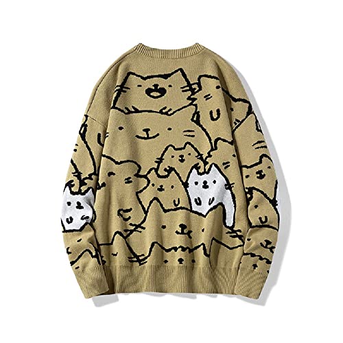 Men's Oversized Cat Sweaters Crewneck Long Sleeve Cotton Cute Pullover Sweaters