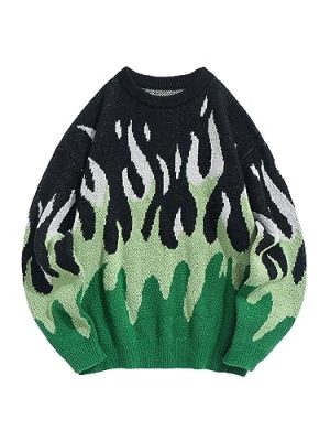 Men's Oversized Sweater Y2K Aesthetic Flame Graphic Crewneck Knit Pullover Unisex Casual Sweaters