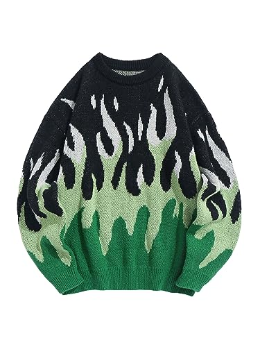 Men's Oversized Sweater Y2K Aesthetic Flame Graphic Crewneck Knit Pullover Unisex Casual Sweaters