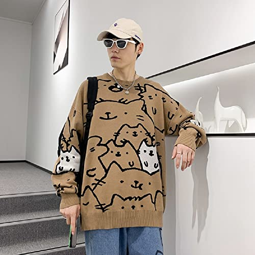 Men's Oversized Cat Sweaters Crewneck Long Sleeve Cotton Cute Pullover Sweaters