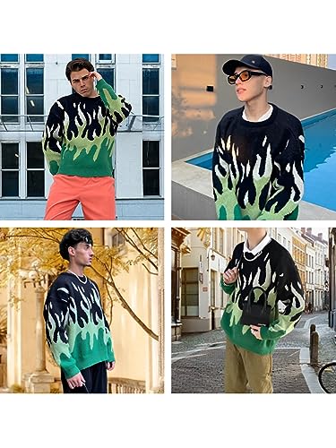 Men's Oversized Sweater Y2K Aesthetic Flame Graphic Crewneck Knit Pullover Unisex Casual Sweaters