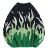 Men's Oversized Sweater Y2K Aesthetic Flame Graphic Crewneck Knit Pullover Unisex Casual Sweaters