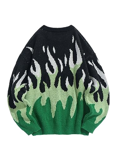 Men's Oversized Sweater Y2K Aesthetic Flame Graphic Crewneck Knit Pullover Unisex Casual Sweaters