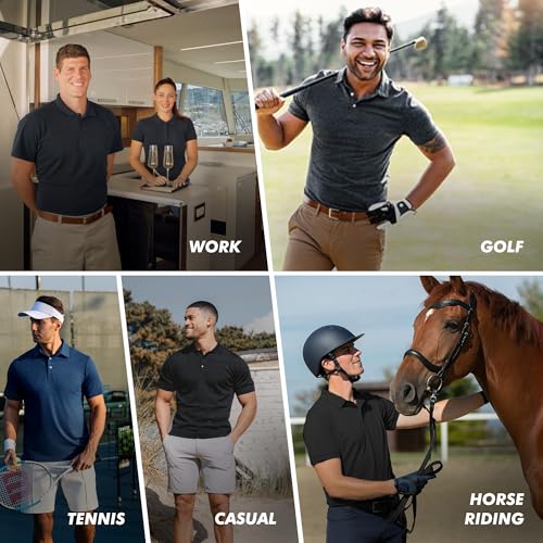 5 Pack Polo Shirts for Men - Quick Dry Moisture Wicking Performance Short Sleeve Mens Golf Shirts for Work Athletic
