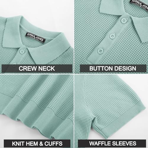 Mens Short Sleeve Button Down Polo Shirt Casual Knit Shirt Waffle Polo Shirt