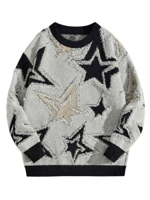 Men's Graphic Sweater Y2k Long Sleeve Drop Shoulder Crewneck Loose Knitted Pullover Tops