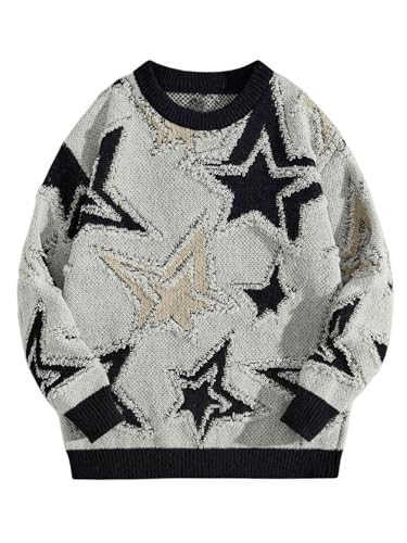 Men's Graphic Sweater Y2k Long Sleeve Drop Shoulder Crewneck Loose Knitted Pullover Tops