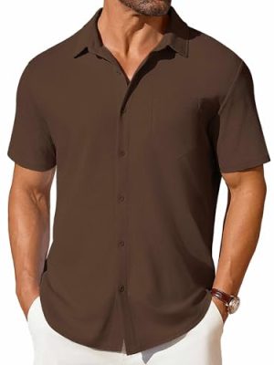 Men's Short Sleeve Button Down Shirt Casual Summer Beach Shirt Waffle Knit Shirts Wrinkle Free Untucked Shirt