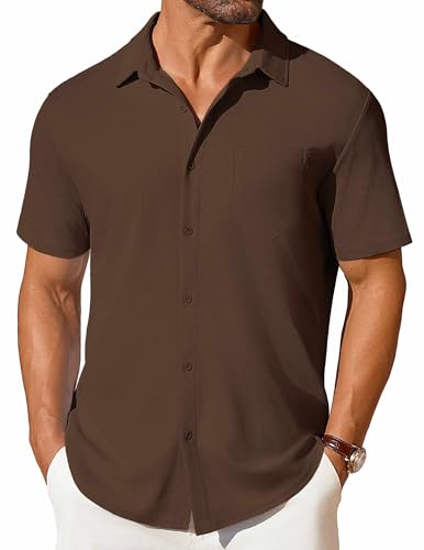 Men's Short Sleeve Button Down Shirt Casual Summer Beach Shirt Waffle Knit Shirts Wrinkle Free Untucked Shirt