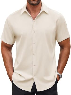 Men's Button Down Shirt Short Sleeve Dress Shirt Casual Beach Summer Wedding Shirt