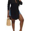 Women's Collar V Neck Button Front Long Sleeve Slit Hem Long Shirt Blouse Top