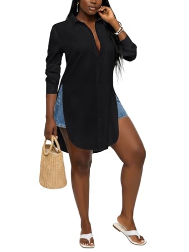 Women's Collar V Neck Button Front Long Sleeve Slit Hem Long Shirt Blouse Top