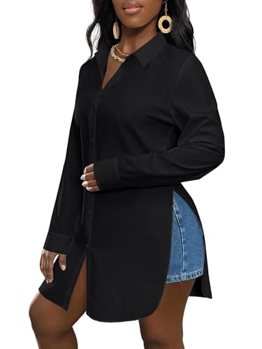 Women's Collar V Neck Button Front Long Sleeve Slit Hem Long Shirt Blouse Top