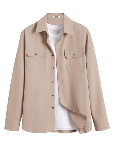 Mens Shirt Jacket Casual Button Up Shirts Long Sleeve Lightweight Shacket with Flap Pockets
