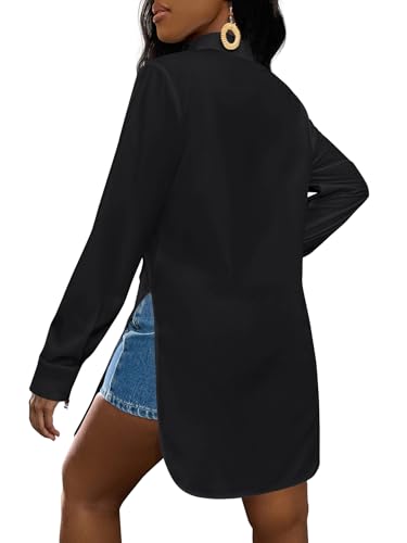 Women's Collar V Neck Button Front Long Sleeve Slit Hem Long Shirt Blouse Top