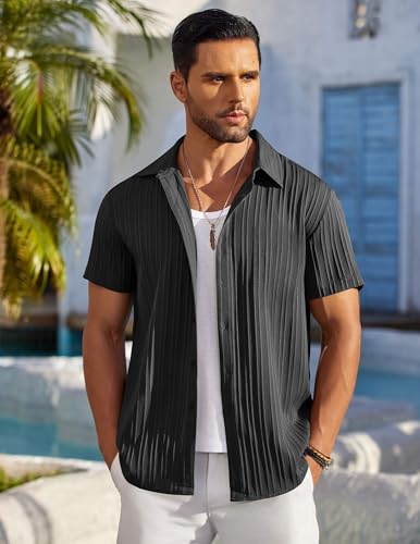 Men's Casual Button Down Shirts Short Sleeve Textured Summer Beach Shirts
