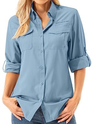 Womens UPF 50+ UV Sun Protection Safari Shirts Long Sleeve Outdoor Cool Quick Dry Fishing Hiking Gardening Shirts