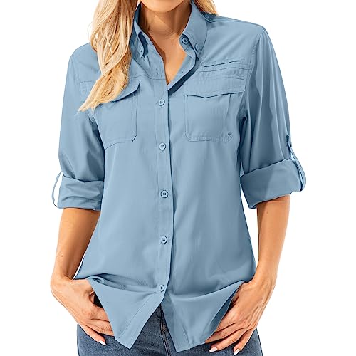 Womens UPF 50+ UV Sun Protection Safari Shirts Long Sleeve Outdoor Cool Quick Dry Fishing Hiking Gardening Shirts