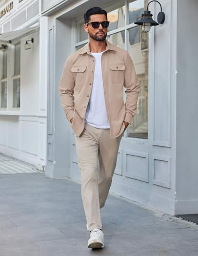 Mens Shirt Jacket Casual Button Up Shirts Long Sleeve Lightweight Shacket with Flap Pockets