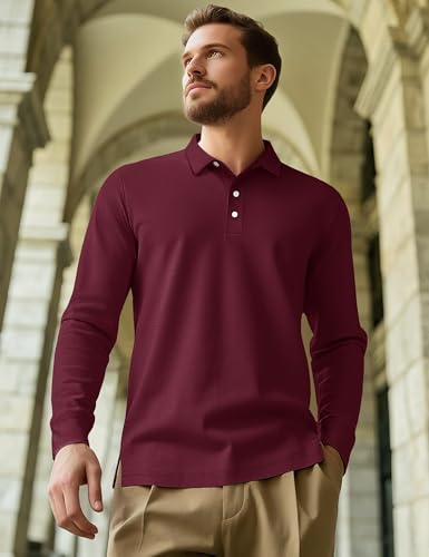 Men's Polo Shirt Long Sleeve Golf Shirts Quick Dry Lightweight 3-Button Performance Work Fishing Athletic