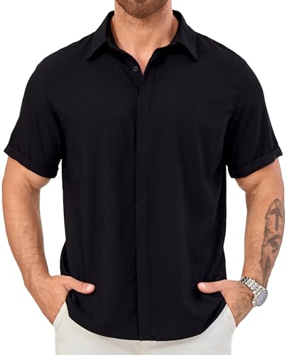 Men's Short Sleeve Button Down Shirt Lightweight Stretch Blend Summer Shirts Casual Vacation Beach Tops
