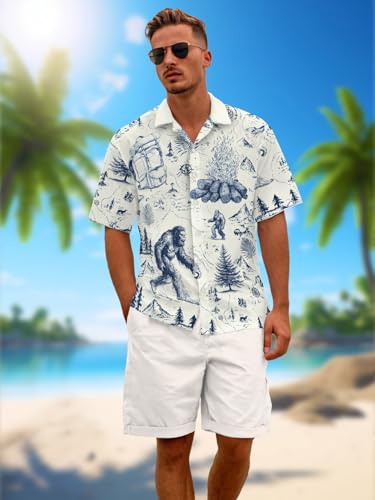 Funny Animal Print Hawaiian Shirt Camping Button Down Retro Outdoor Camping Party Short Sleeve Cyan