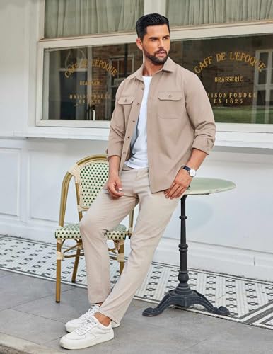 Mens Shirt Jacket Casual Button Up Shirts Long Sleeve Lightweight Shacket with Flap Pockets