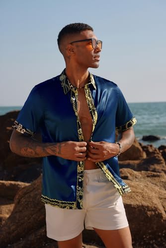 Mens Short Sleeve Button Down Shirts Casual Stretch Satin Silk Hawaiian Beach Shirt