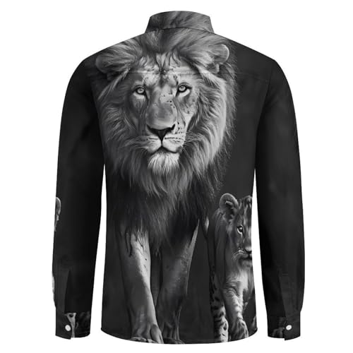 Black and White Animal Lion Men's Dress Shirts Long Sleeve Golf Shirts Casual Button Down T-Shirt for Athletic Business
