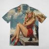Pinup Girl with Fishing Pole Mens Shirts Short Sleeve Button Down Beach Shirts with Pockets