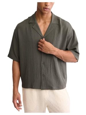 Men's Oversized Cropped Button Down Shirts Casual Short Sleeve Solid Loose Shirts