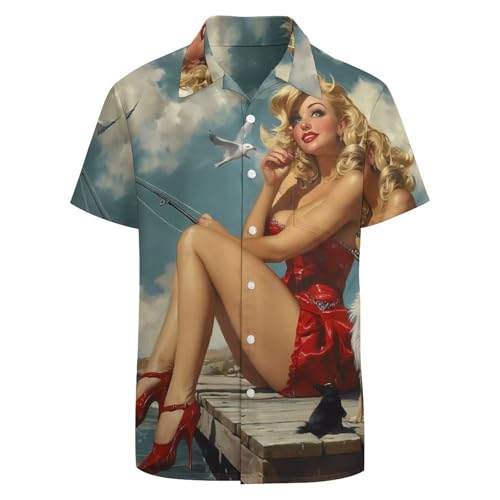 Pinup Girl with Fishing Pole Mens Shirts Short Sleeve Button Down Beach Shirts with Pockets