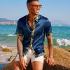 Mens Short Sleeve Button Down Shirts Casual Stretch Satin Silk Hawaiian Beach Shirt